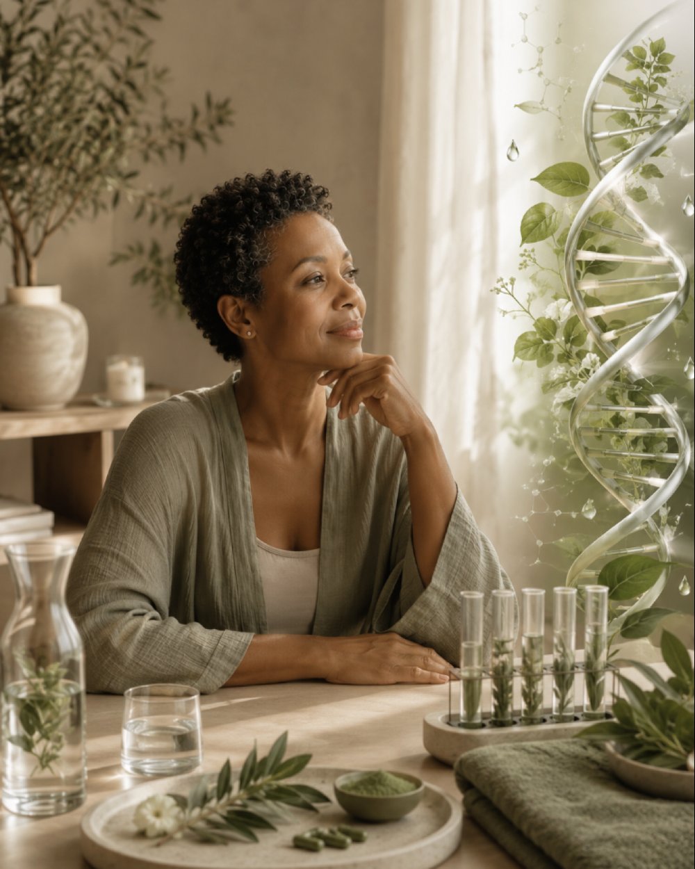 A woman reflecting in a calm, plant-filled room, symbolic of biology and lifestyle informing wellbeing